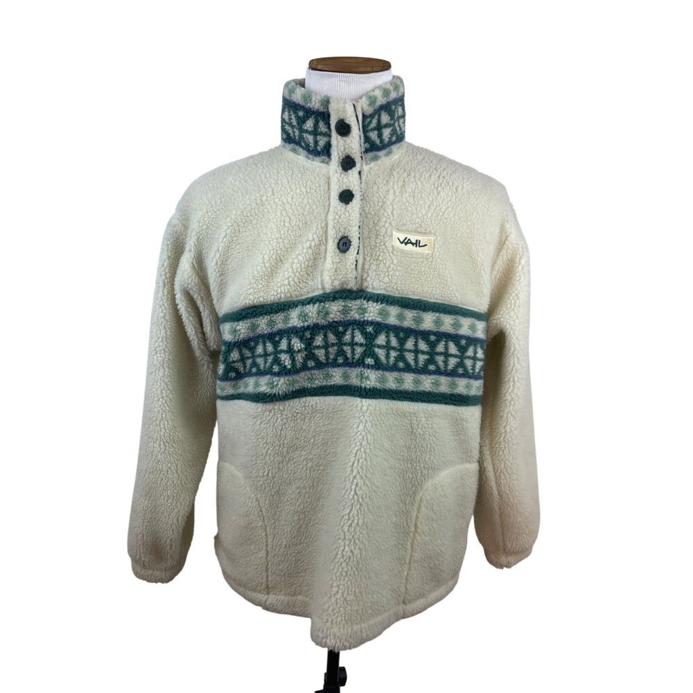 Ouray Cream Pullover W/ Teal Pattern Button-Up Closure Size L/XL